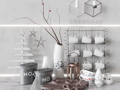 Modern Decorative Ornament Set with White Vase Geometric Candle Holders Star Ornaments and Cup Rack 3d model