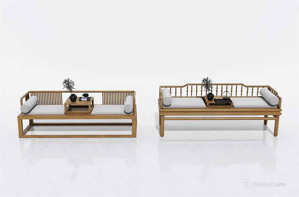 Chinese Style Wooden Luohan Bed with Cushions and Small Table in Living Room 3d model 