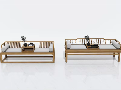 Chinese Style Wooden Luohan Bed with Cushions and Small Table in Living Room 3d model