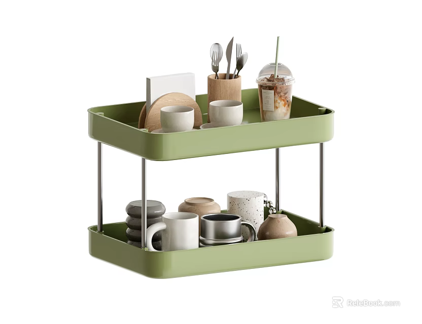 Two Tier Green Shelf with Mugs Cups Utensils and Tray for Kitchen Storage Organization 3d model 