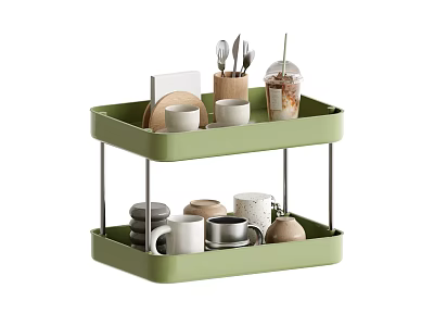 Two Tier Green Shelf with Mugs Cups Utensils and Tray for Kitchen Storage Organization 3d model