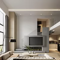 Modern Living Dining Room Open Concept Wooden Table Chairs Pendant Lights Vertical Striped Wall