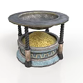 Traditional Decorative Table With Round Top Storage Base Columns Yellow Filling and Blue Gray Accents