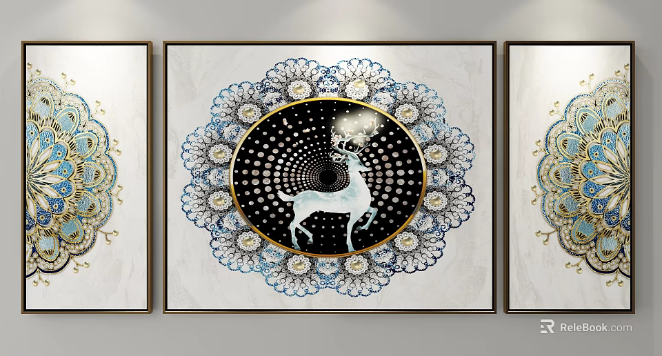 Three Panel Decorative Wall Art With Circular Floral Border And White Deer Design 3d model