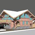 Rustic Wooden Cabins With Snow Covered Roofs And Surrounding Pine Trees