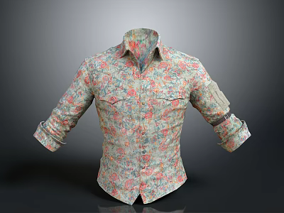 Floral Print Collared Long Sleeve Shirt With Cuffed Sleeves And Pockets 3d model