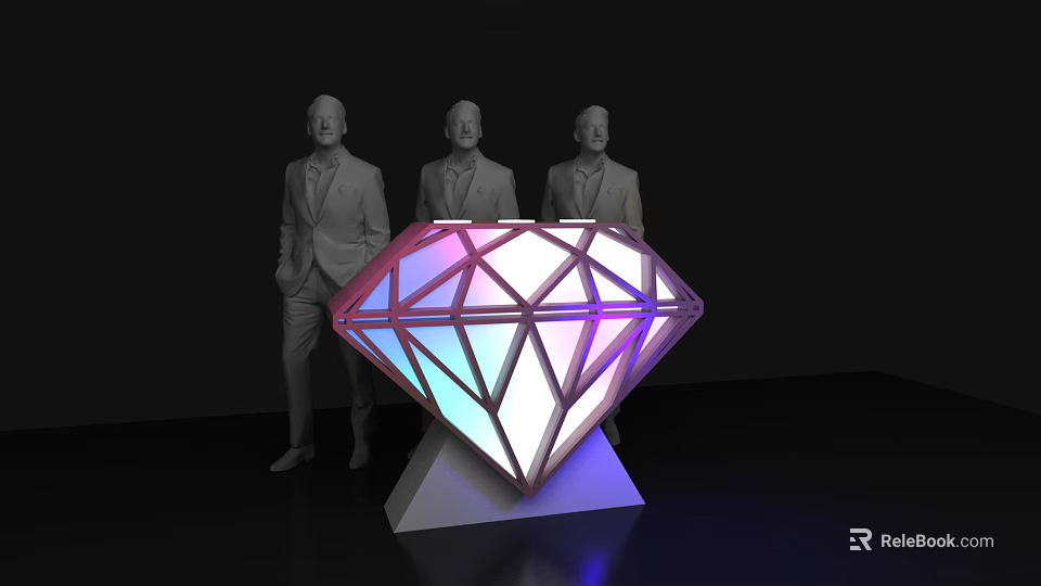 Modern Diamond Shaped Reception Desk With Colorful Lighting And Men In Suits 3d model 
