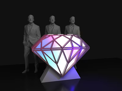 Modern Diamond Shaped Reception Desk With Colorful Lighting And Men In Suits 3d model