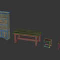 Vintage Green Shelf Wooden Dining Table Small Stool And Wooden Chair Furniture Collection