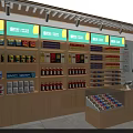 Tobacco and Liquor Store Interior With Green Wooden Shelves And Glass Display Cases