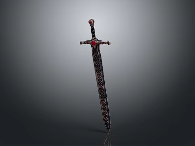 Ornate Medieval Sword With Red Gemstone Handle And Intricate Blade Patterns 3d model