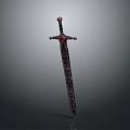 Ornate Medieval Sword With Red Gemstone Handle And Intricate Blade Patterns
