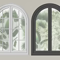 Arched Casement Windows With Gray And Black Frames Green Tropical Leaf Patterns Design 3d model
