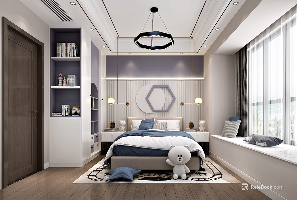 Modern Kids Bedroom Interior With Blue White Bedding Hexagon Decor Stuffed Bear And Bookshelf 3d model 