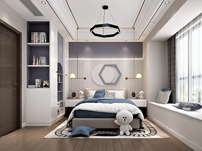 Modern Kids Bedroom Interior With Blue White Bedding Hexagon Decor Stuffed Bear And Bookshelf 3d model