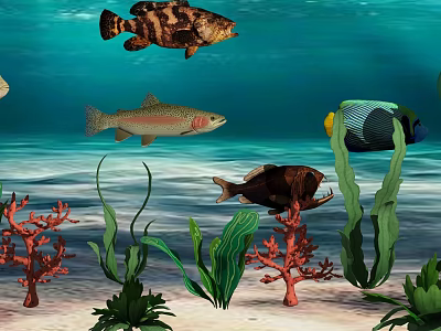 Various Aquatic Animals Swimming In Colorful Underwater Scene With Coral Reef And Green Seaweed 3d model
