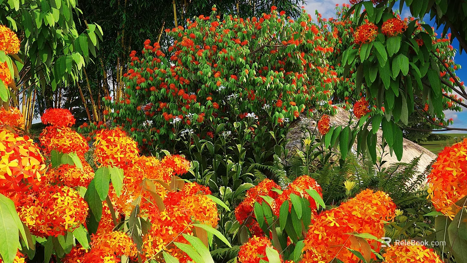 Lush Flowering Shrub with Vibrant Orange Blooms and Green Foliage in Garden 3d model 