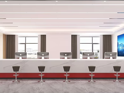 Service Hall Interior with Service Counter Computers Stools Windows White Walls And Blue Decoration 3d model
