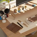 Wooden Desk And Leather Chair Home Office With Computer Screen Lamp Stationery And Potted Plant