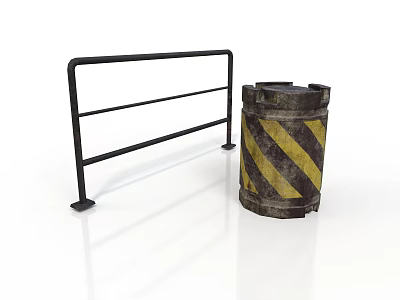 Black Metal Safety Barrier And Weathered Barrel With Yellow Black Stripes 3d model