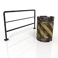 Black Metal Safety Barrier And Weathered Barrel With Yellow Black Stripes