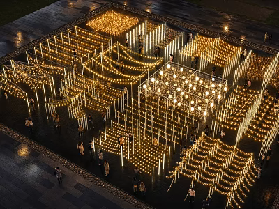 Outdoor Lights Artistic Grid Design Illuminated Night Public Square With Warm Glow And People Walking 3d model