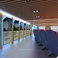 Modern Conference Room Interior With Blue Seats Wooden Slatted Ceiling Large Screen And Lighting