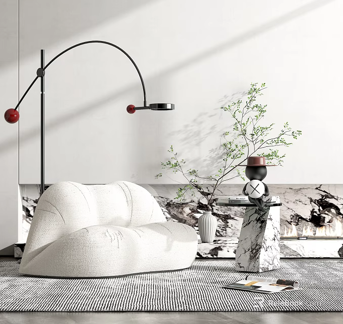 Cozy White Plush Single Sofa with Arched Floor Lamp Green Plant and Textured Carpet 3d model 