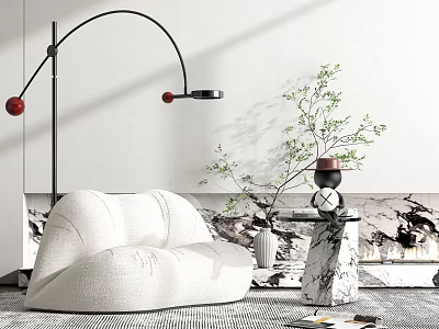 Cozy White Plush Single Sofa with Arched Floor Lamp Green Plant and Textured Carpet 3d model