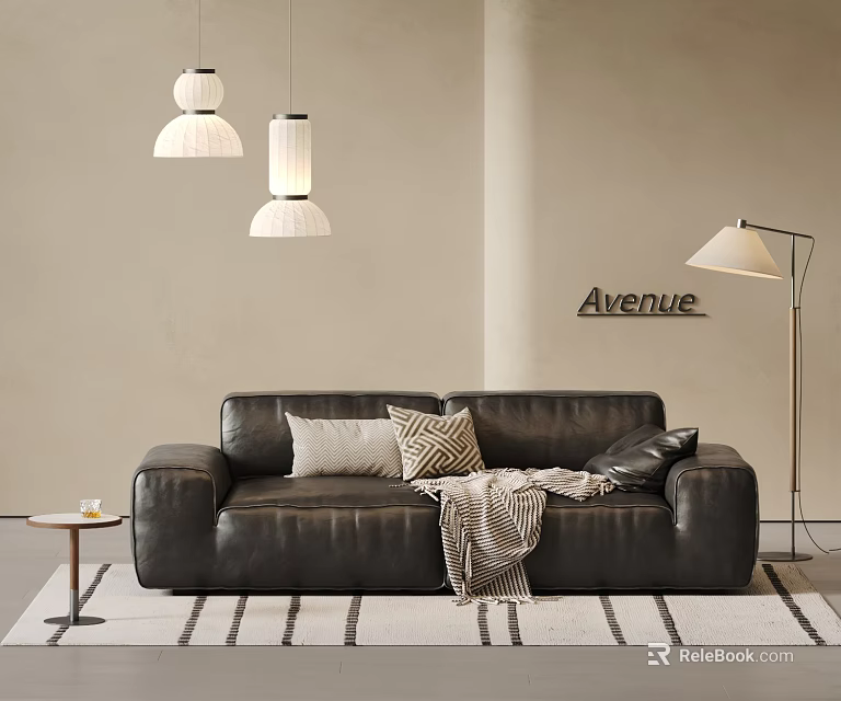 Black Leather Double Sofa With Patterned Pillows Throw Blanket Avenue Wall Decor And Floor Lamp 3d model
