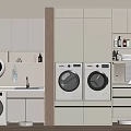 Modern Laundry Room Interior With Washing Machines Dryers Cabinets And Shelves