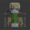 Vintage Computer Device With Gray Stand Blue Cylindrical Unit Green Coils And Colorful Wires