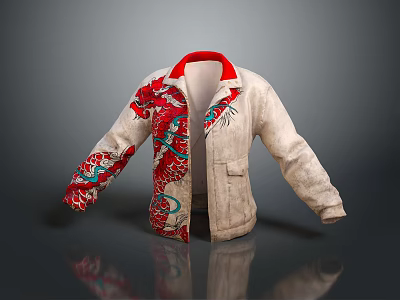 Traditional Chinese Style Embroidered Dragon Jacket With Red Collar And White Body 3d model