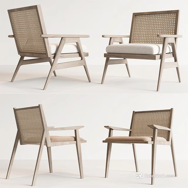 Modern Leisure Chair With Woven Design Wooden Frame And Cushioned Seat 3d model 