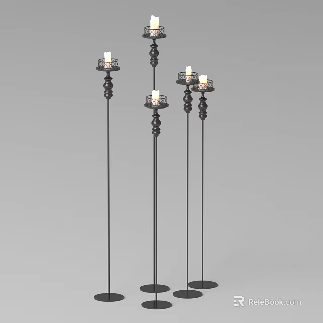 Elegant Decorative Candle Floor Lamps With Tall Stands And Lit Candles 3d model 
