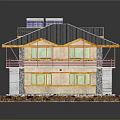 Cartoon Style Two Story House 3D Model with Gray Roof Yellow Walls and Green Lawn