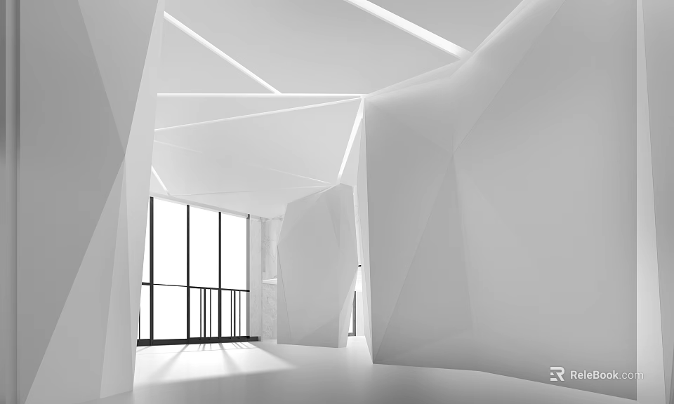 Minimalist Elevator Hallway Design With Geometric Shapes Large Windows And Bright Lighting 3d model 