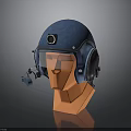 Blue Tactical Helmet With Visor Earmuffs And Microphone On Orange Mannequin