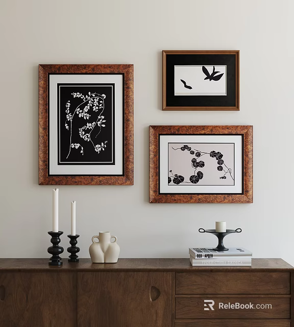 Botanical Paintings in Wooden Frames Hanging on Wall with Candles Vase and Books 3d model 
