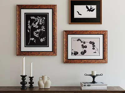 Botanical Paintings in Wooden Frames Hanging on Wall with Candles Vase and Books 3d model