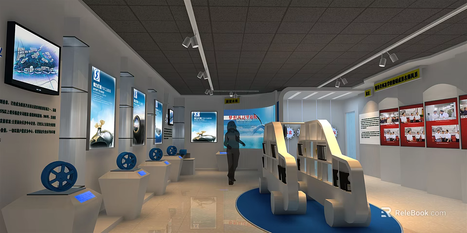Modern Showroom With Product Displays Posters Visitor White Stands And Blue Floor 3d model 