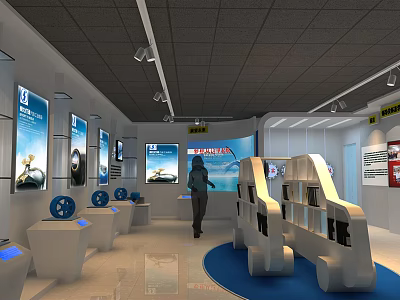 Modern Showroom With Product Displays Posters Visitor White Stands And Blue Floor 3d model