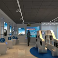 Modern Showroom With Product Displays Posters Visitor White Stands And Blue Floor
