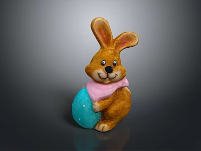 Cute Brown Easter Rabbit Figurine With Pink Scarf Holding Blue Egg 3d model