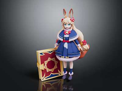 Game Movie Character With Rabbit Ears In Blue Dress Holding Basket And Decorative Chest 3d model