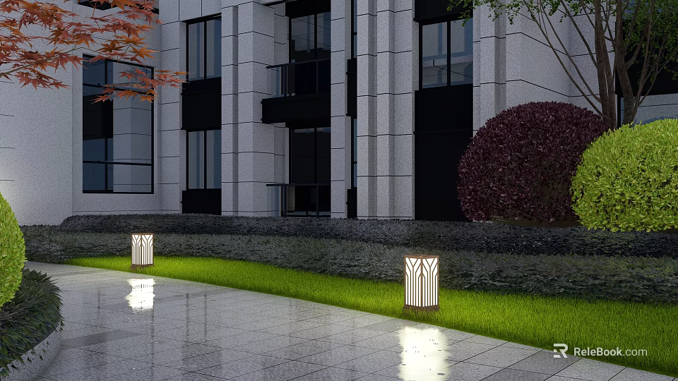 Outdoor Lawn Lights Illuminating Stone Path In Modern Building Garden With Green Plants 3d model 