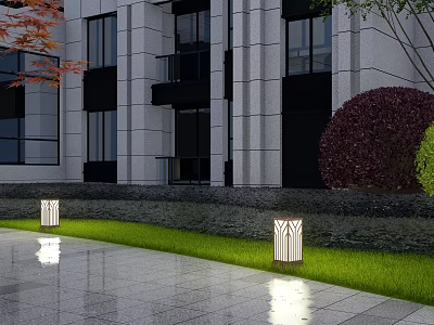 Outdoor Lawn Lights Illuminating Stone Path In Modern Building Garden With Green Plants 3d model