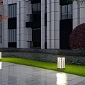 Outdoor Lawn Lights Illuminating Stone Path In Modern Building Garden With Green Plants