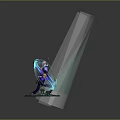 Powerful Game Character In Ornate Armor With Blue Energy Wings Standing On Green Pedestal