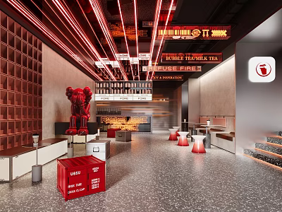 Stylish Milk Tea Shop Interior With Red Lighting And Art Decor 3d model